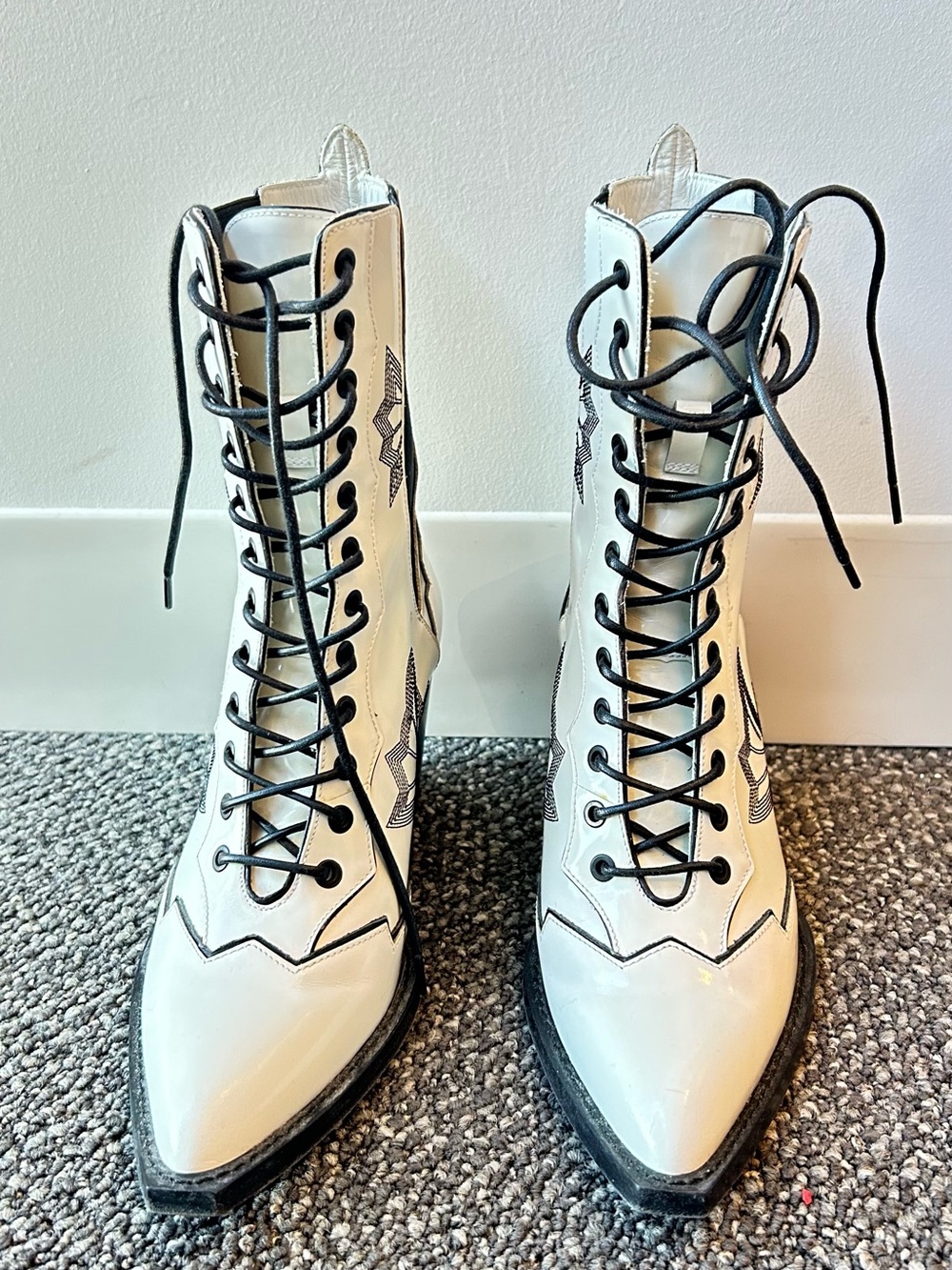 Coach White Lace-Up Pointed-Toe Women's Boots with Black Laces